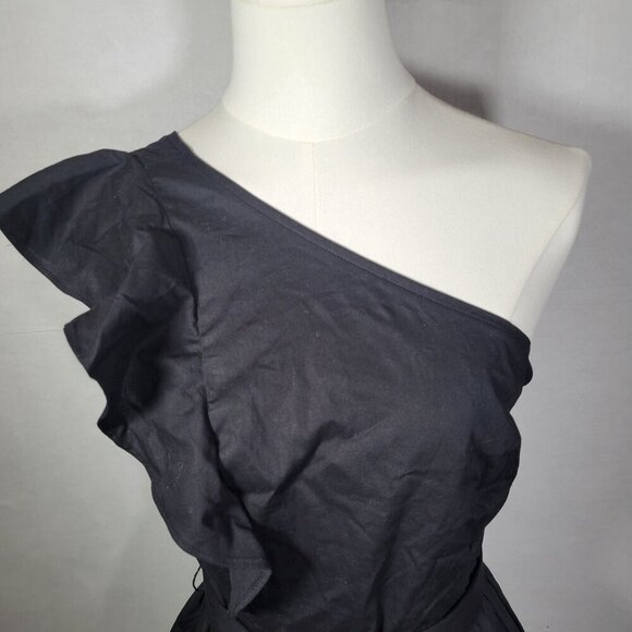 J.Crew Black Classic One-Shoulder Cotton Pleated Skirt Midi Dress Size 2P - Picture 8 of 14